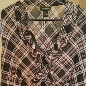 LANE BRYANT PLAID RUFFLED BUTTON UP BLOUSE